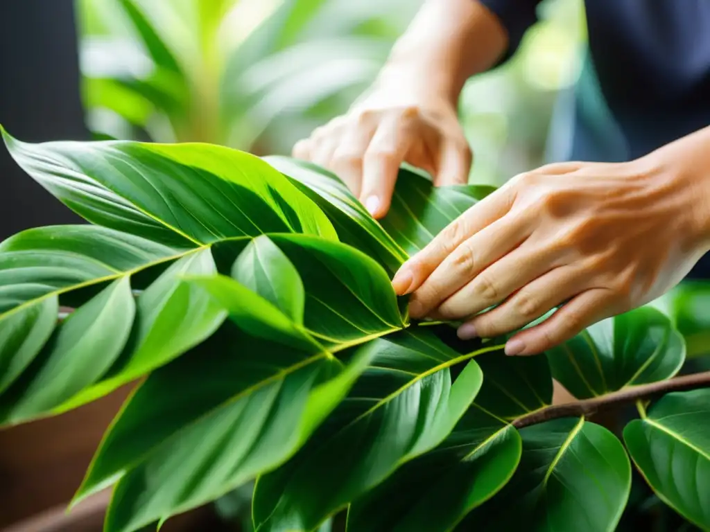 Manos podando plantas tropicales de interior con cuidado y refinamiento, bañadas por luz dorada