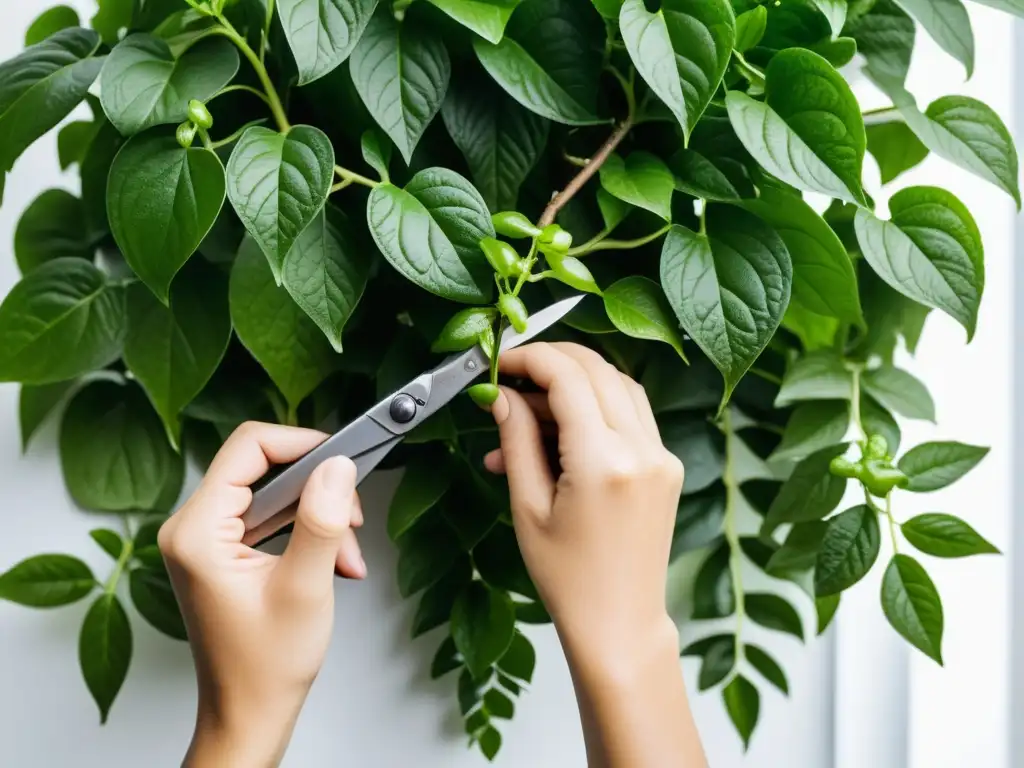 Manos realizando la poda de plantas colgantes con precisión, mostrando la belleza de la naturaleza y la destreza humana