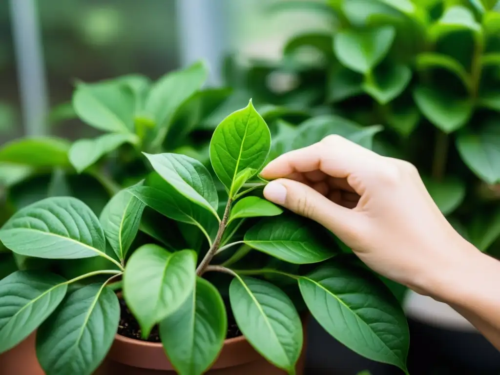 Manos precisas podando hojas de planta de interior, rejuvenando cuidadosamente