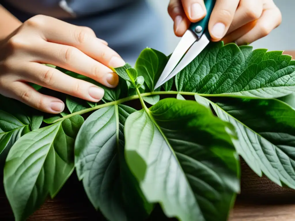 Manos precisas podando hojas verdes con tijeras, bañadas en suave luz natural