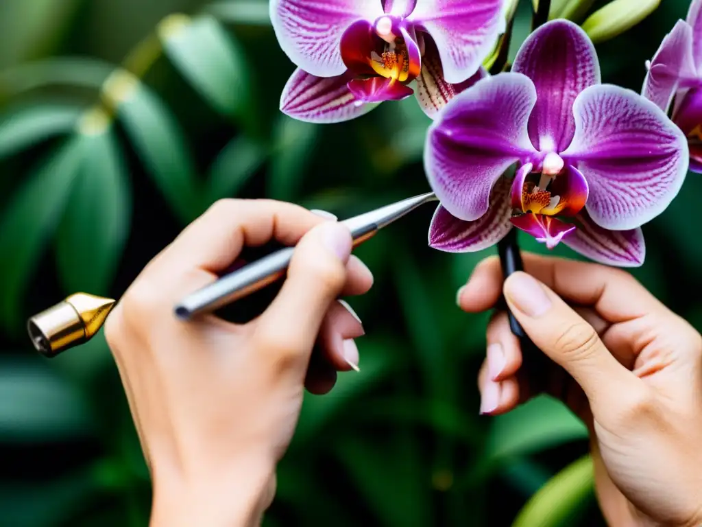 Unas manos podando con precisión una orquídea exótica, resaltando el cuidado y la destreza necesarios para podar orquídeas exóticas cuidadosamente