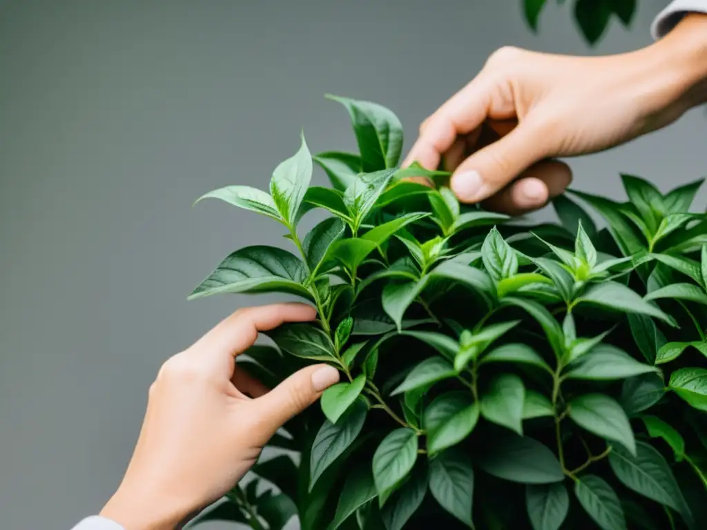 Unas manos podan con precisión una exuberante planta colgante, transmitiendo cuidado y expertise en la poda de plantas colgantes