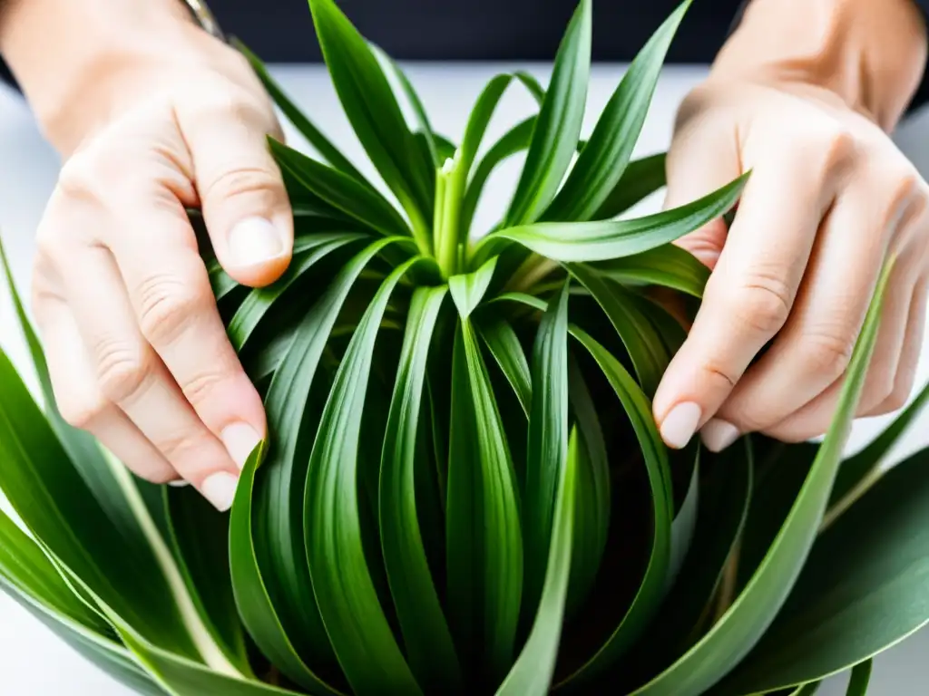 Manos dividiendo con precisión una planta de araña, mostrando técnicas de multiplicación de plantas de interior