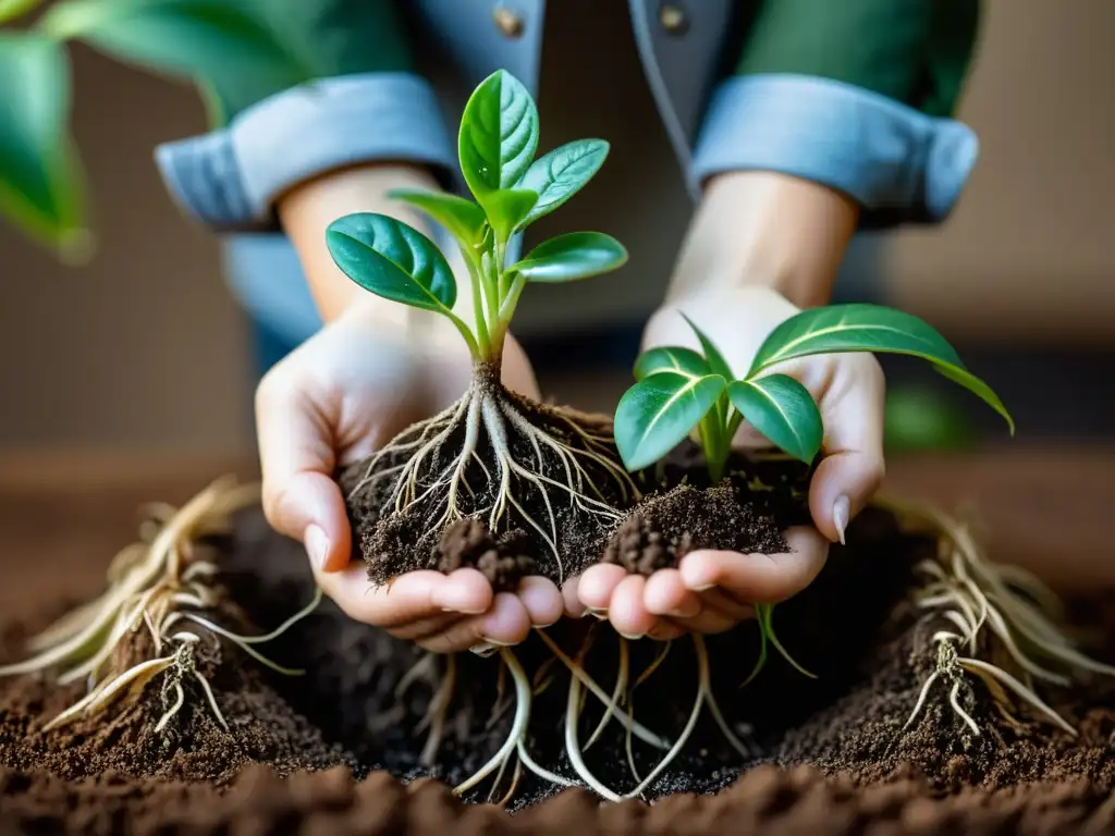 Manos separando delicadamente las raíces de una planta en un taller de multiplicación de plantas de interior