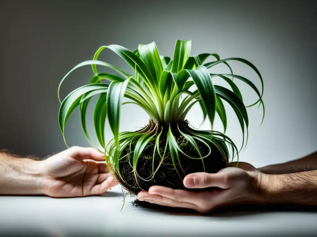 Manos separando cuidadosamente las raíces de una planta araña verde exuberante