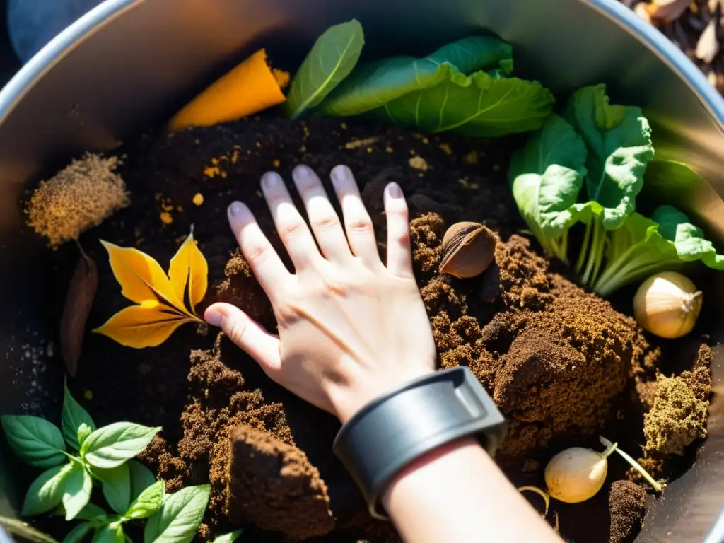 Manos mezclando restos de vegetales, café y hojas secas en un gran compostador, creando abono orgánico casero huerto urbano