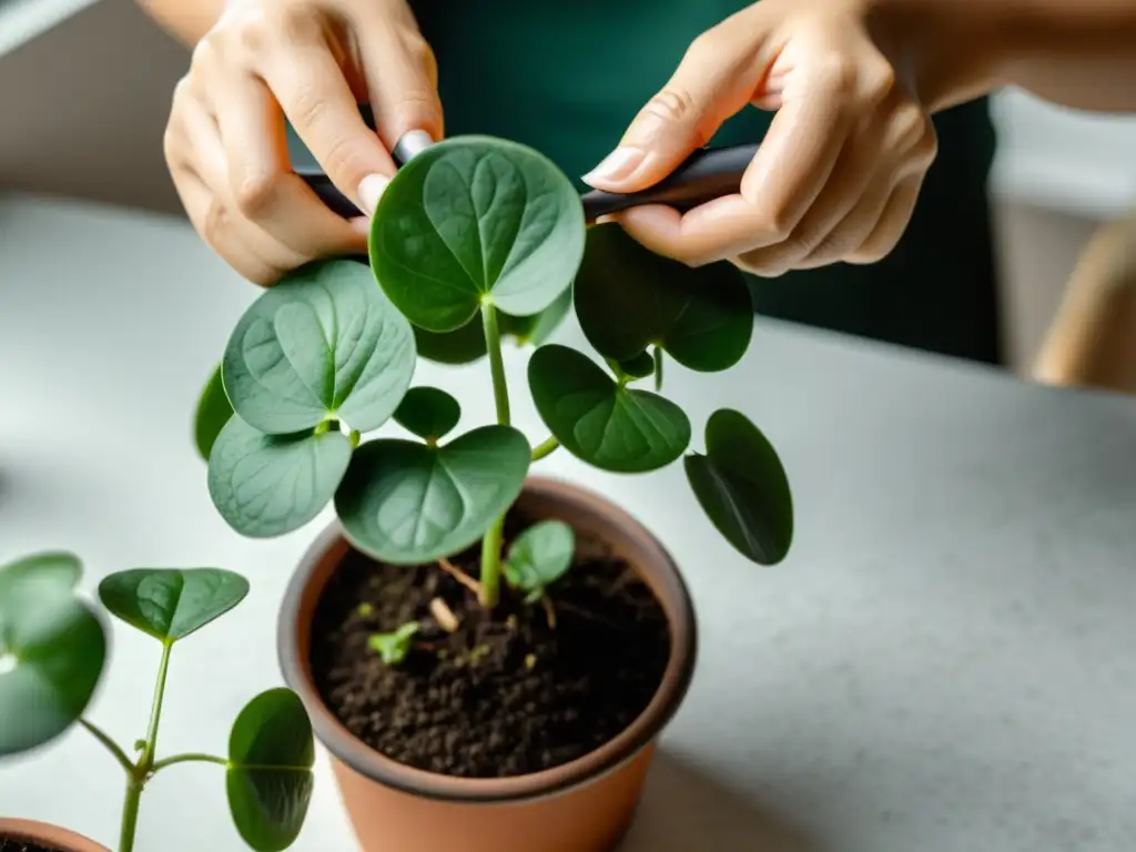 Manos cuidadosamente podando y propagando una saludable Pilea peperomioides