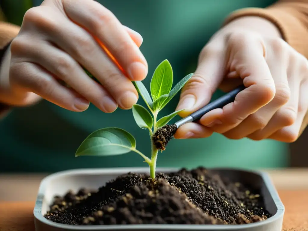 Manos realizando técnicas de injertos de plantas con precisión y destreza, resaltando el proceso delicado de la jardinería