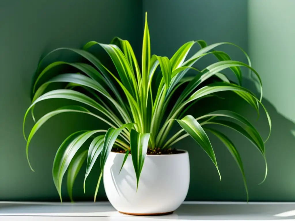 Mantenimiento jardín interior plantas: Detalle de una exuberante planta araña en maceta blanca, con hojas verdes vibrantes y textura delicada, iluminada por la luz