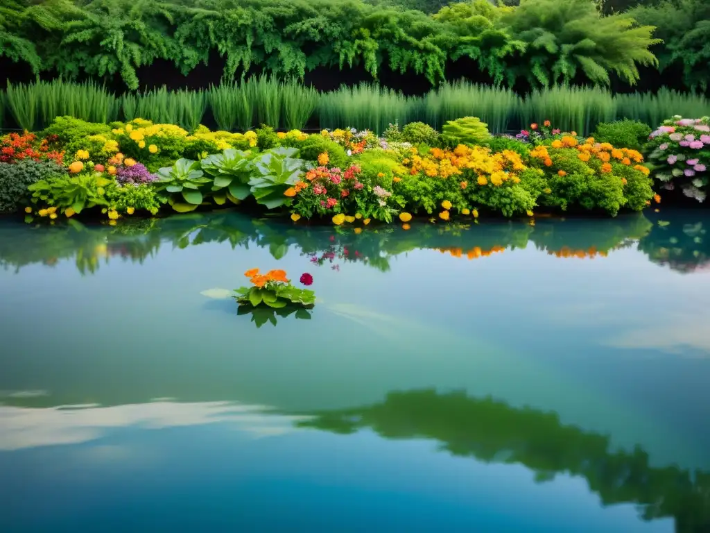 Mantenimiento de plantas aéreas en jardines flotantes: exuberante jardín flotante con plantas y flores vibrantes sobre agua serena y reflectante