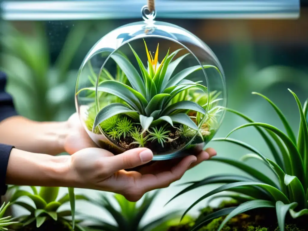 Mantenimiento de plantas aéreas en jardines flotantes: manos cuidadosas podan y cuidan delicadamente tillandsias verdes en terrario de vidrio