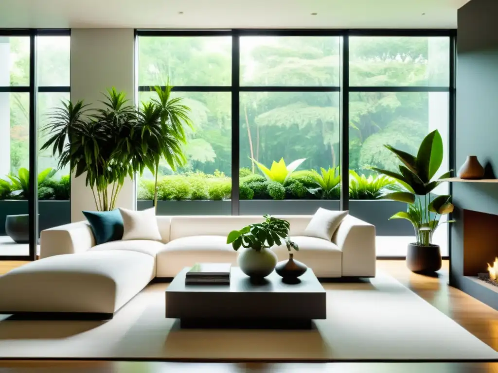 Mantenimiento de plantas de interior en espacios con poca luz: sala moderna con plantas vibrantes y luz natural, creando un ambiente sereno