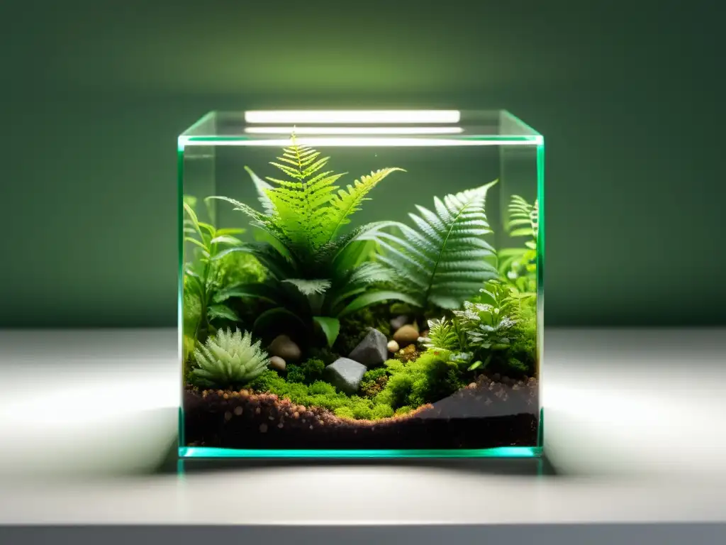 Mantenimiento de terrarios en interiores: Fotografía en 8k de un terrario minimalista con musgo, helechos y rocas en un ambiente tranquilo y acogedor