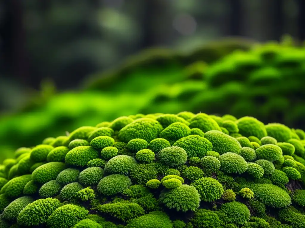 Manto de musgo verde exuberante en interior, resistente a sequía, con textura suave