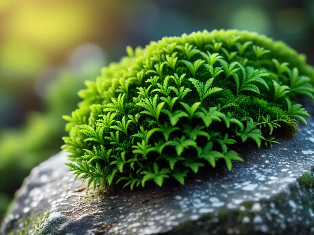 Manto de musgo verde vibrante sobre piedra texturizada, bañado por la luz del sol