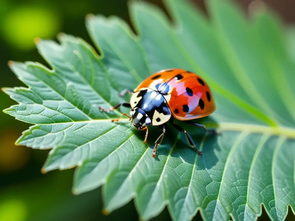 Una mariquita detallada sobre una hoja verde brillante, con luz solar filtrándose a través de las venas de la hoja