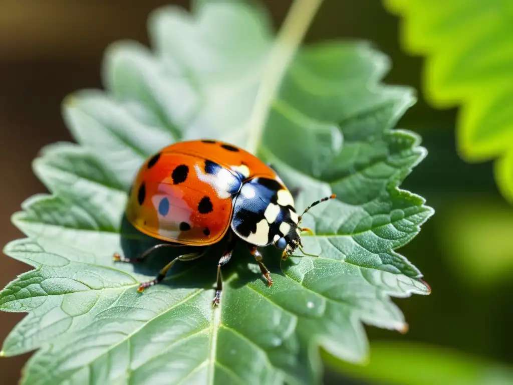 Una mariquita en una hoja verde en un jardín interior soleado