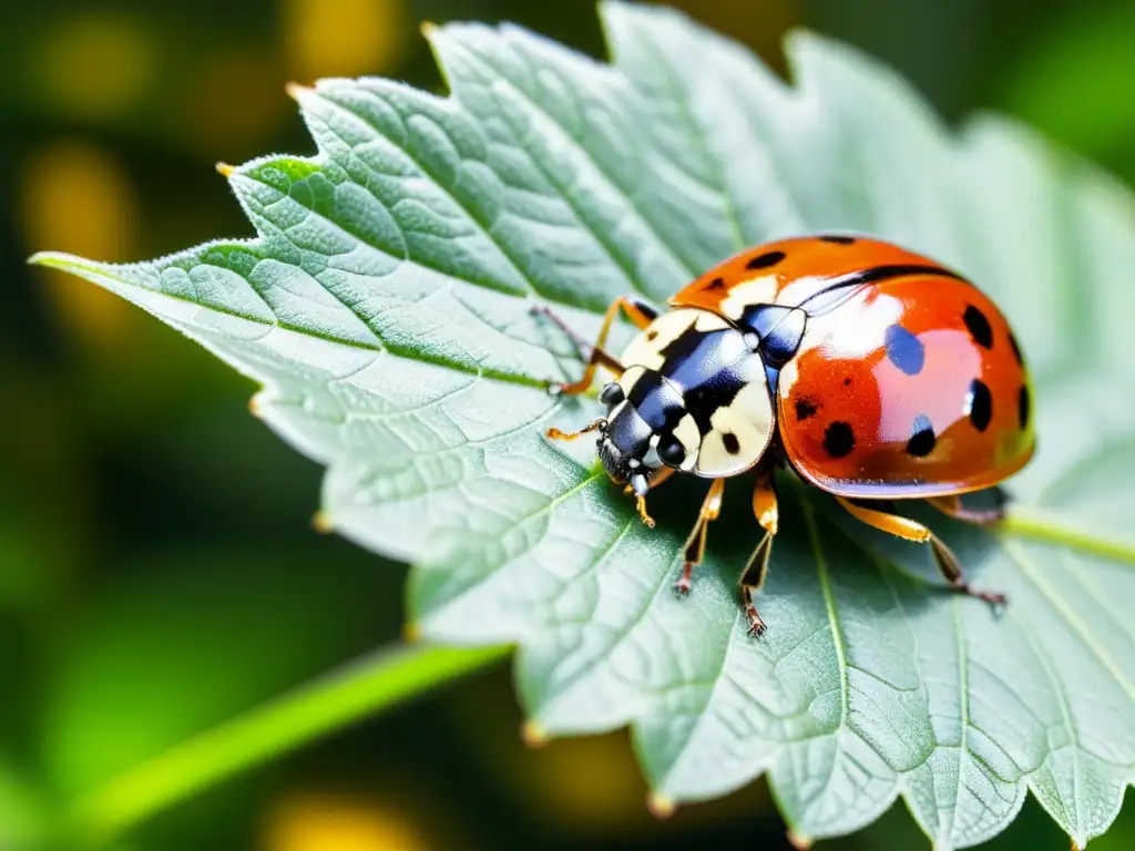 Una mariquita descansa sobre una hoja verde, con luz dorada filtrándose