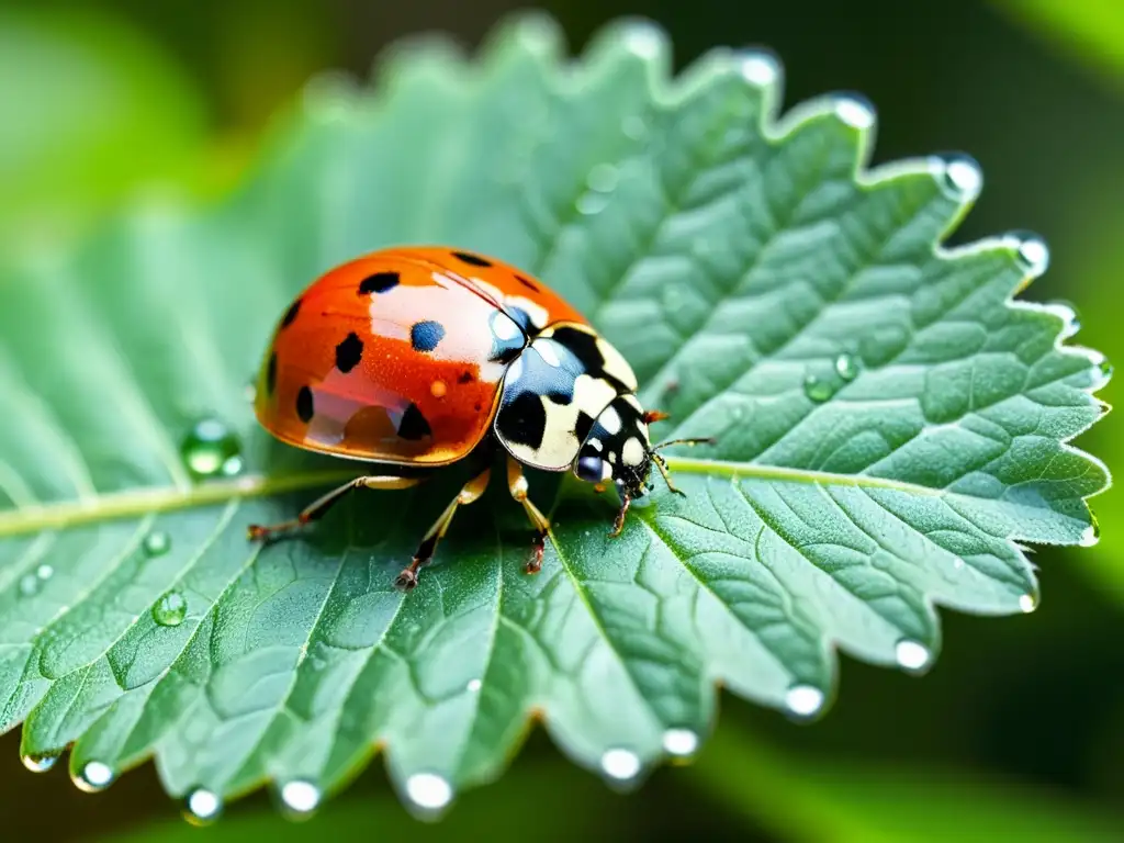 Una mariquita descansa en una hoja verde, rodeada de gotas de agua