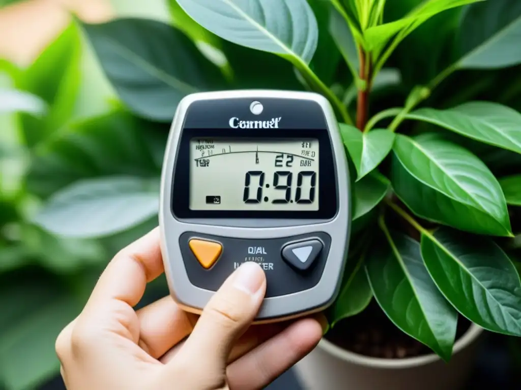 Medidor de luz moderno ajustando la iluminación para plantas de interior, rodeado de exuberante vegetación