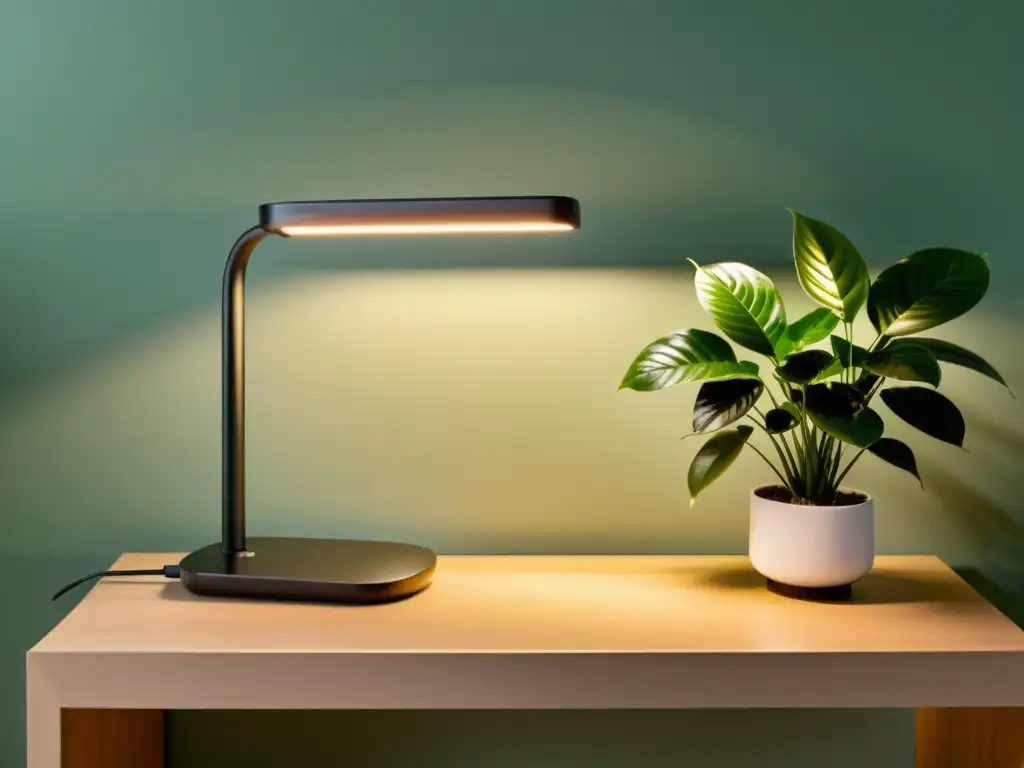 Mejores luces artificiales para plantas de interior: Lámpara minimalista ilumina un oasis verde con calidez y armonía