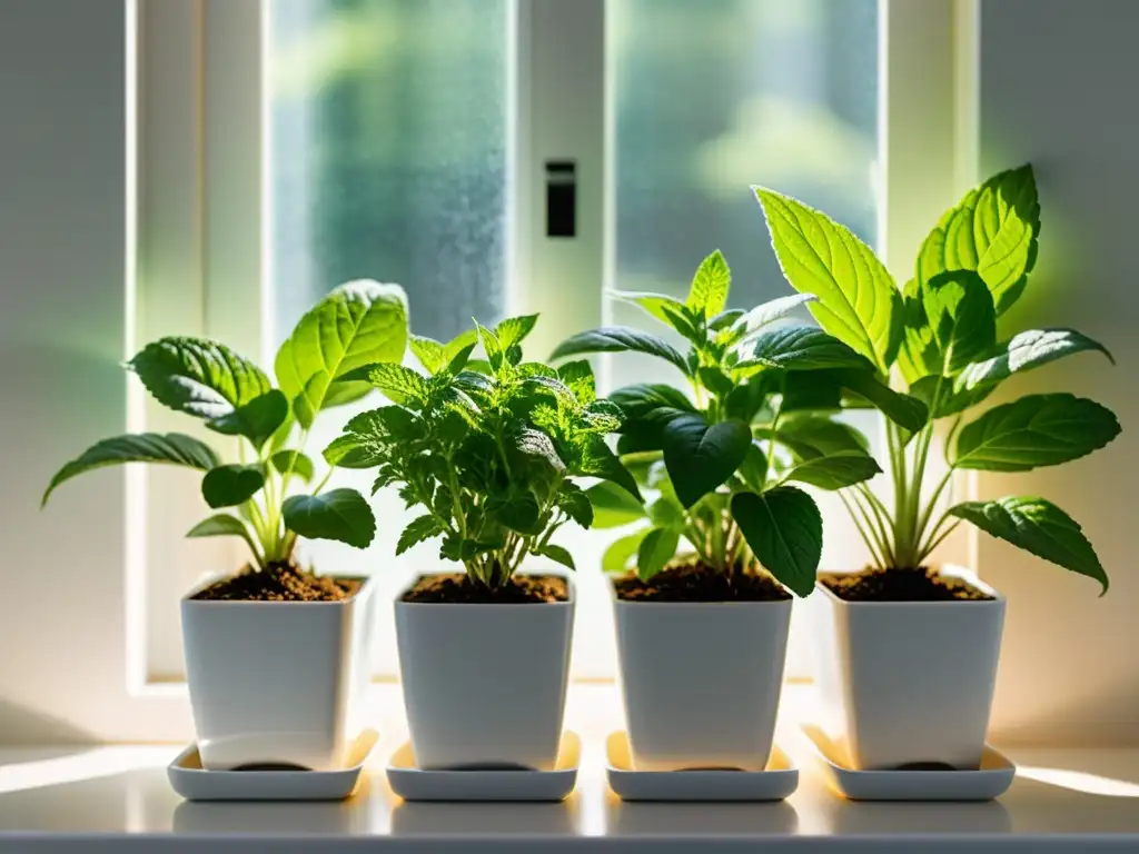 Cultivar menta fresca en interiores: Un jardín de hierbas moderno, con macetas blancas y menta vibrante iluminada por el sol en una cocina