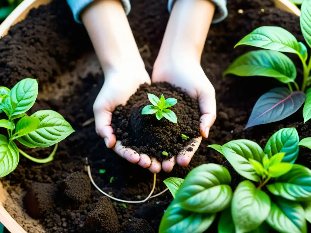 Mezcla de compost oscuro en tierra de planta de interior exuberante, resaltando beneficios del compost para plantas de interior