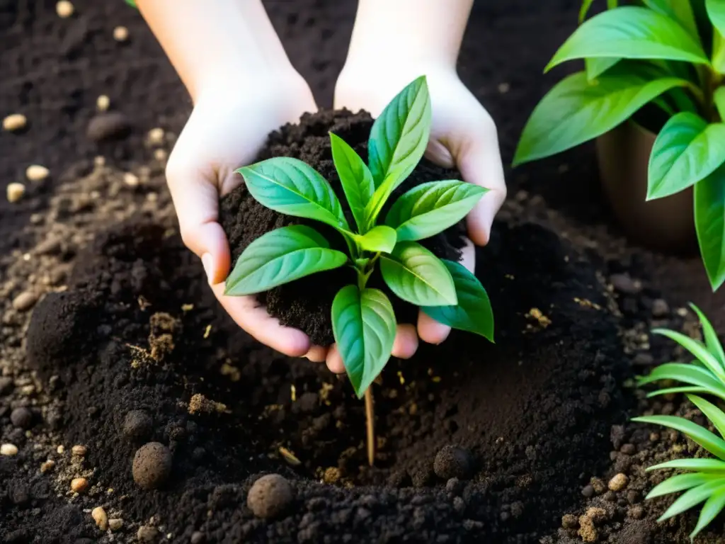 Mezcla suave de compost oscuro y húmedo en tierra de planta de interior exuberante