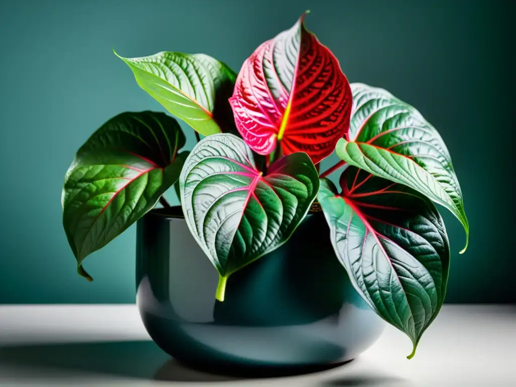 Microclima para Caladium en interiores: Imagen de Caladium exuberante en maceta moderna, reflejando elegancia y tranquilidad