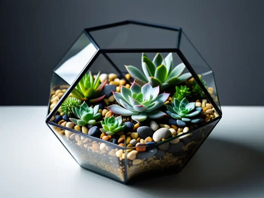 Un microcosmos artístico: terrario minimalista con suculentas y rocas, bañado por luz suave