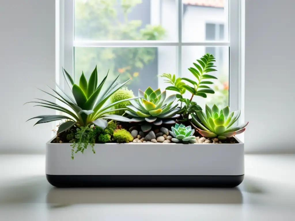 Un microjardín para espacios interiores con plantas suculentas vibrantes y elegante diseño contemporáneo