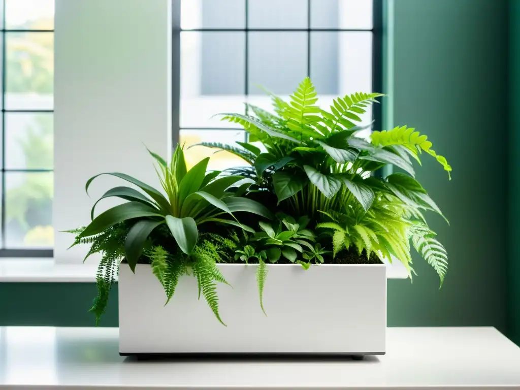 Un microjardín para espacios interiores con plantas verdes exuberantes en un elegante macetero blanco, iluminado por la suave luz natural