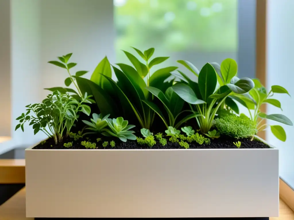 Un microjardín exuberante en un elegante macetero interior