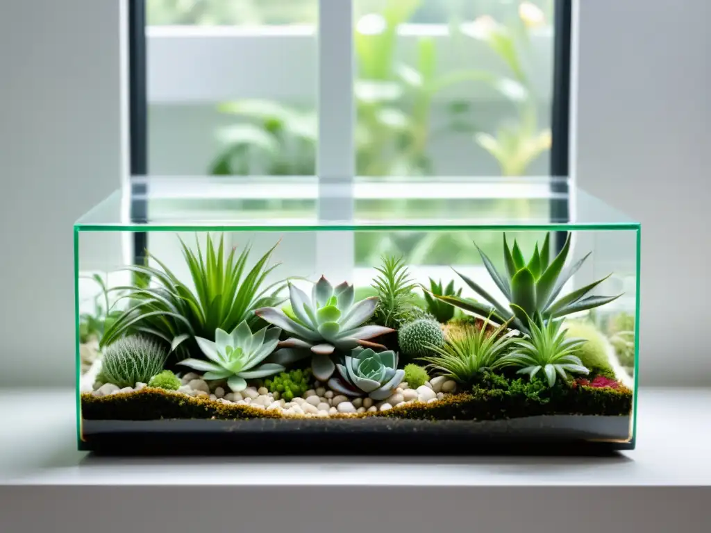 Un microjardín sereno con suculentas y plantas aéreas en terrarios y macetas colgantes, creando una elegancia moderna en un espacio pequeño