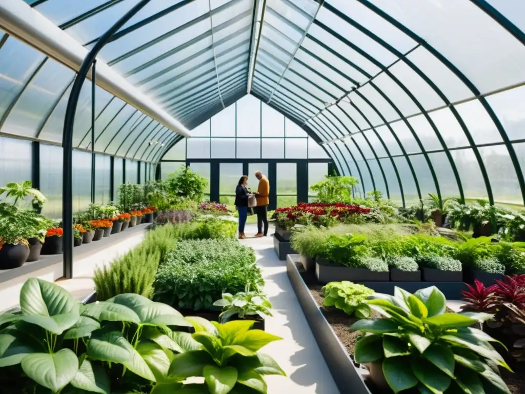 Miembros de la comunidad cuidan juntos plantas en un invernadero moderno y soleado, creando un ambiente cálido y colaborativo