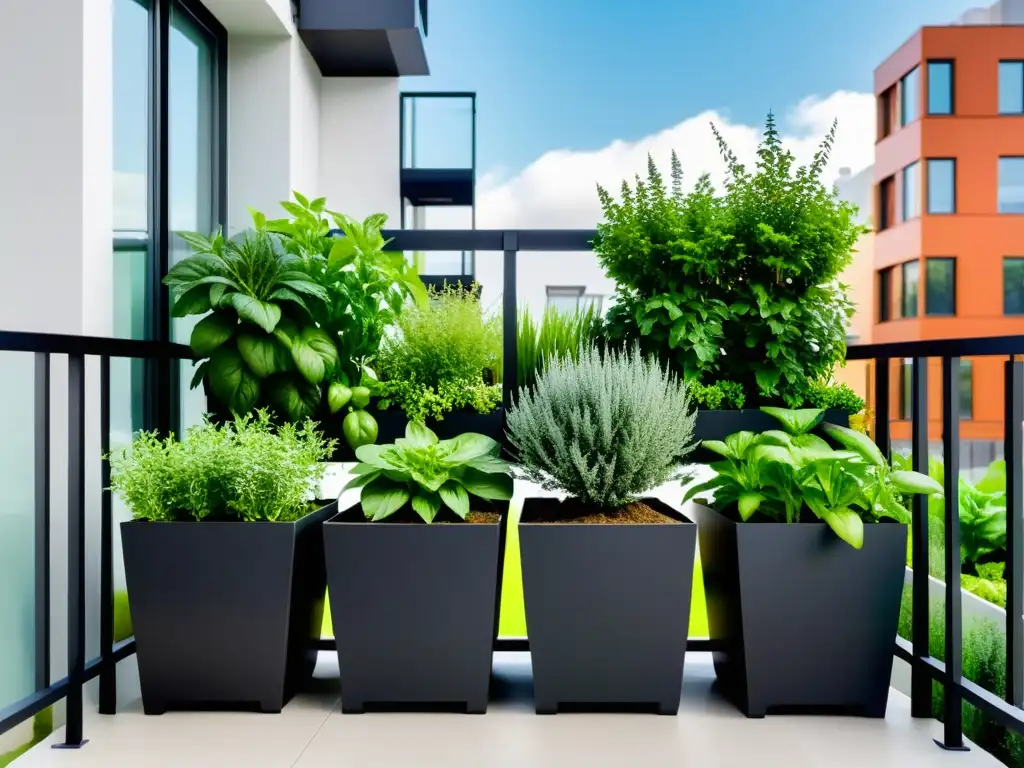 Un mini huerto urbano con elegantes macetas de metal negro y plantas vibrantes en un balcón minimalista