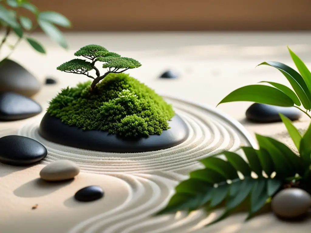 Jardín Zen en miniatura con cuidado de plantas meticuloso, arena blanca y piedras suaves