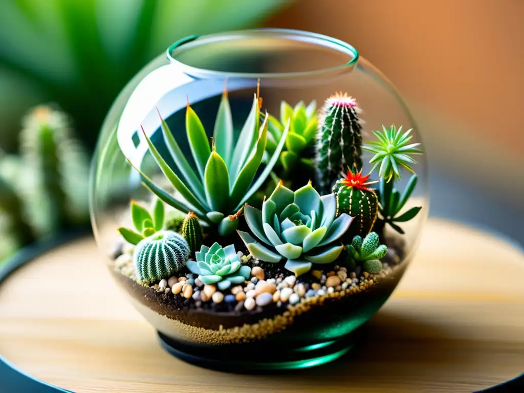 Un jardín de cactus en miniatura, con detalles intrincados y colores vibrantes