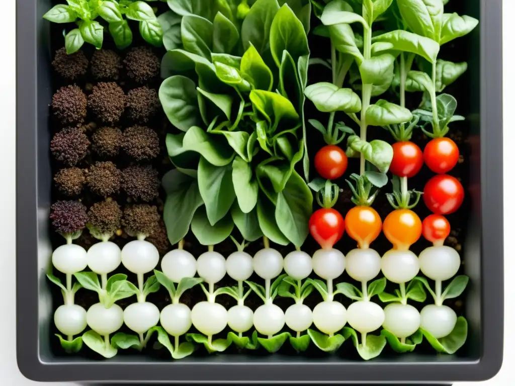 Un jardín en miniatura con lechugas, tomates y hierbas cultivar jardines comestibles en miniatura, en un elegante macetero blanco