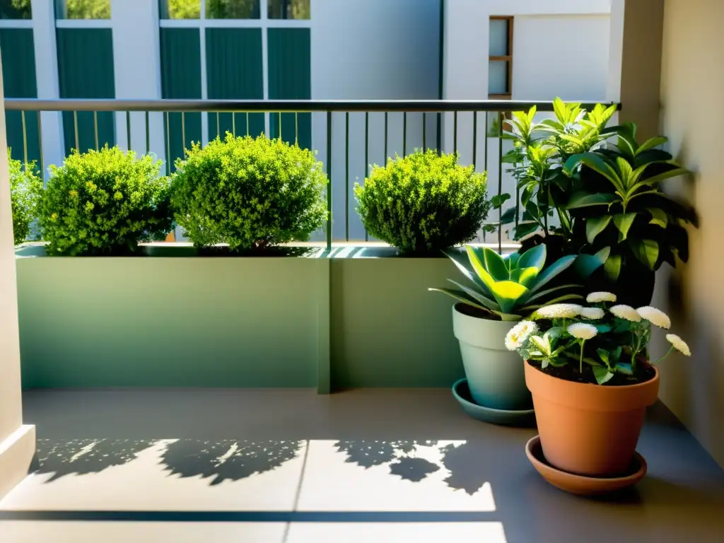 Un jardín en miniatura para balcón, con plantas en macetas de distintos tamaños y tonos de verde, algunas flores delicadas en flor