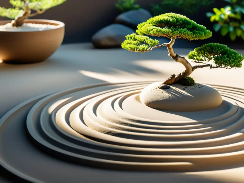 Un jardín Zen en miniatura con plantas, rocas y arena blanca, bañado por la luz del sol, transmite tranquilidad y equilibrio