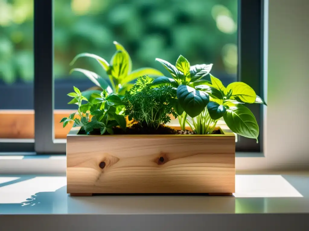 Un minijardín de hierbas aromáticas en el interior, con plantas frescas y coloridas en una elegante maceta de madera junto a la ventana