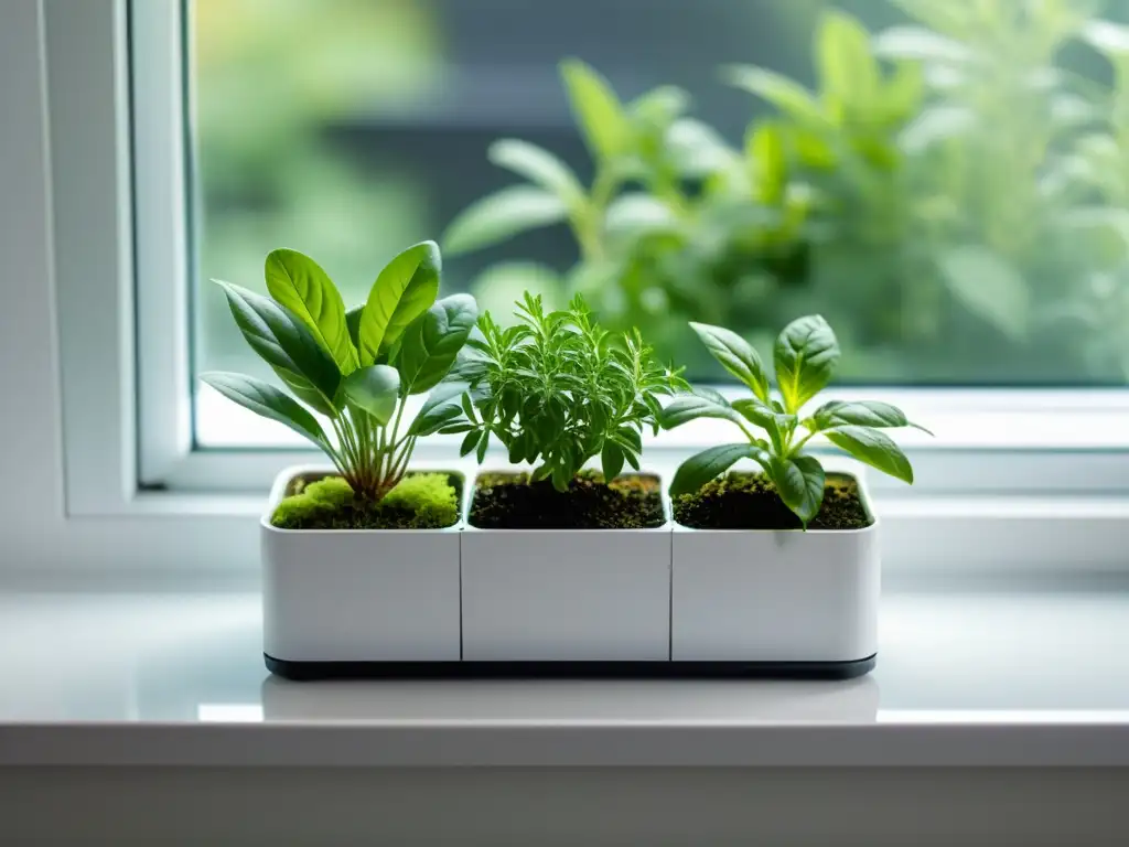 Un minijardín de hierbas aromáticas interior en una ventana iluminada, exudando tranquilidad y sofisticación con sus plantas saludables y exuberantes