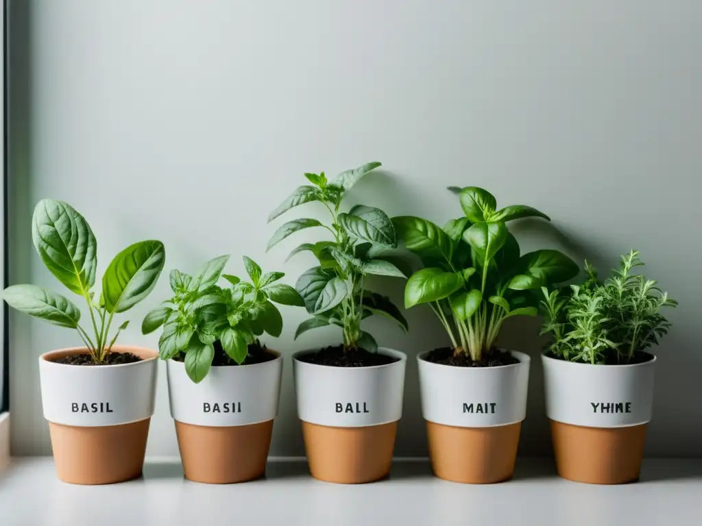 Un minijardín de hierbas aromáticas interior con macetas de albahaca, menta, romero y tomillo, bañado en suave luz natural