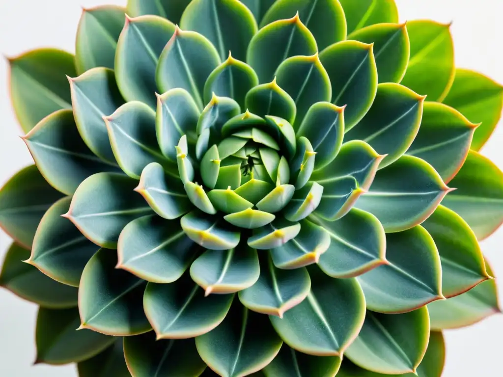 Una fotografía minimalista en alta resolución de una suculenta verde vibrante con patrones simétricos