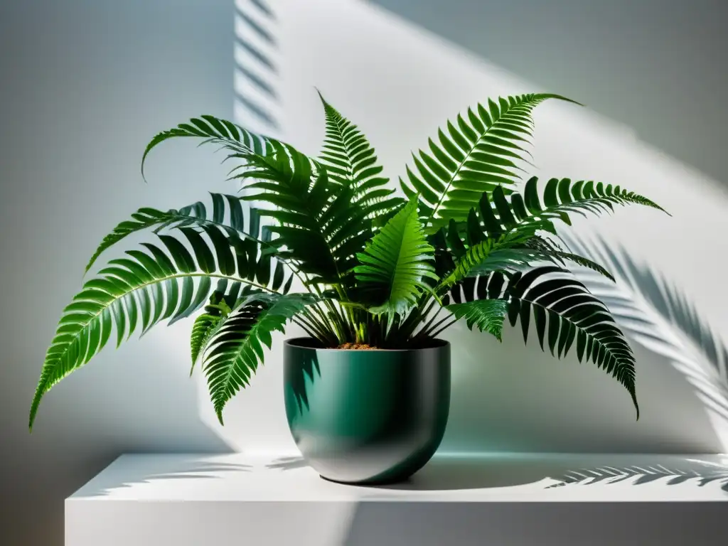 Un jardín interior minimalista con anturios vibrantes y helechos elegantes en modernas macetas blancas