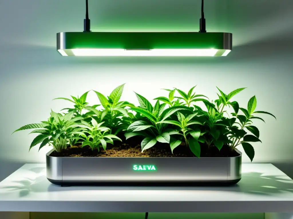 Un jardín interior minimalista para el cultivo seguro de Salvia Divinorum en interiores, con un sistema hidropónico moderno y luces LED