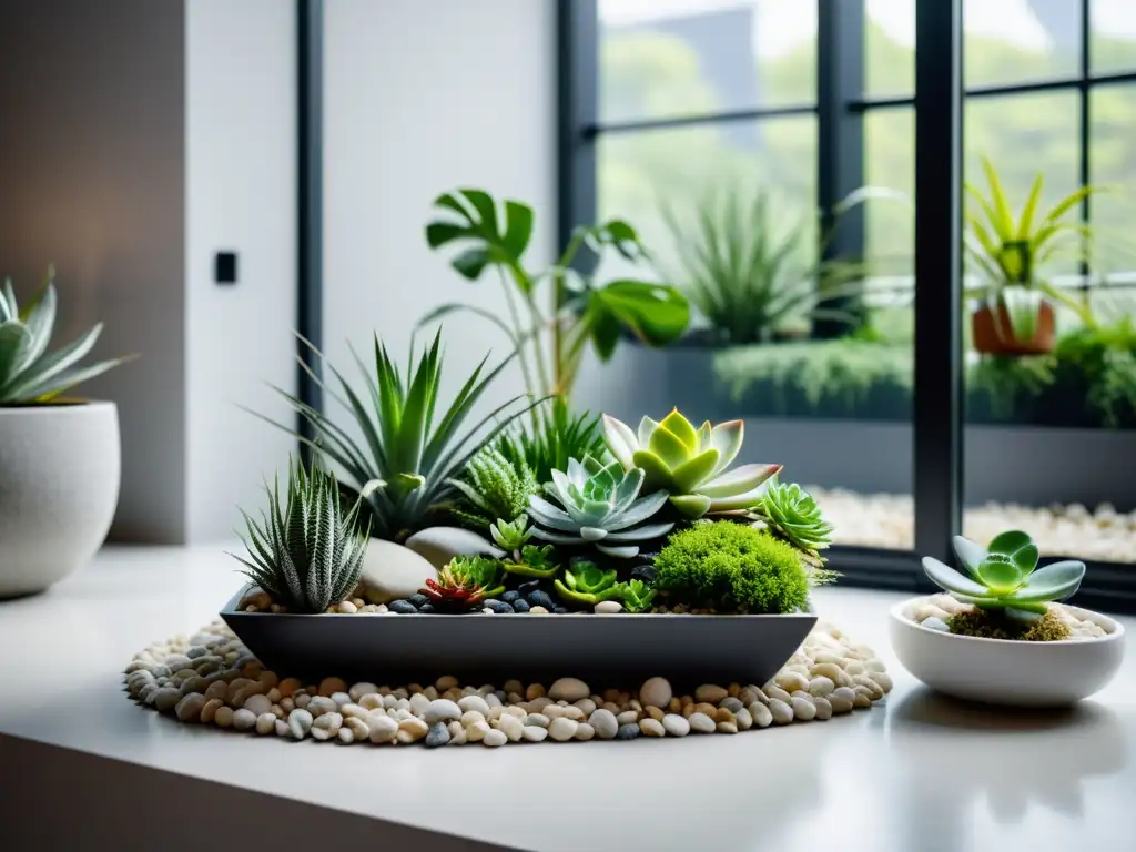 Un jardín interior minimalista y detallado en un moderno loft