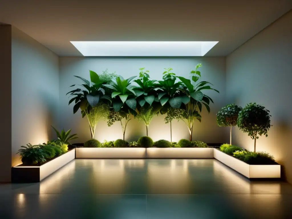 Un jardín interior minimalista con una distribución equitativa de iluminación cálida LED, creando un ambiente moderno y tranquilo