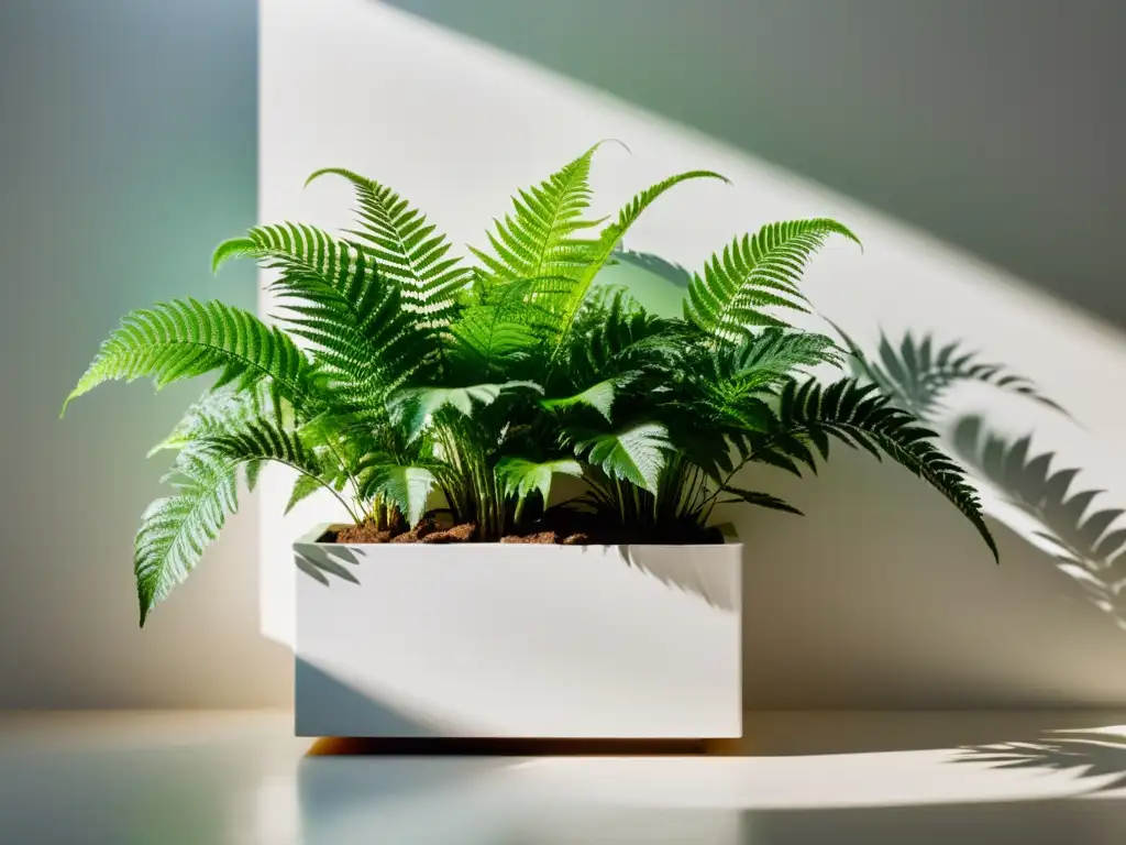 Un jardín interior minimalista con un elegante macetero blanco y helechos verdes vibrantes, en un entorno sereno con colores neutros y luz natural